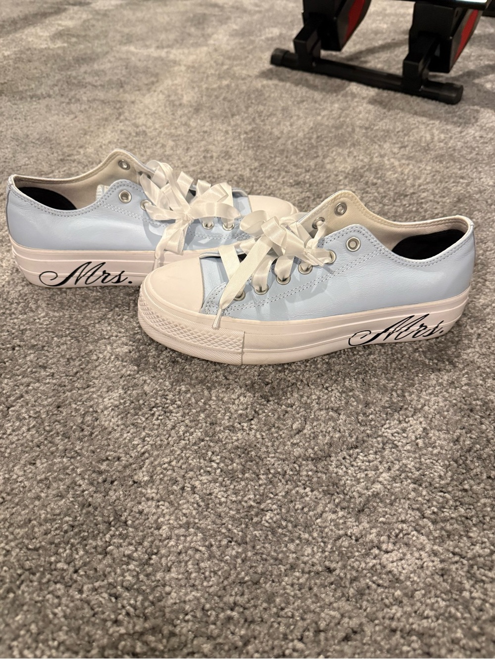 Converse WEDDING Light Blue Low-Top Sneakers with "Mrs." “Just Married” Script